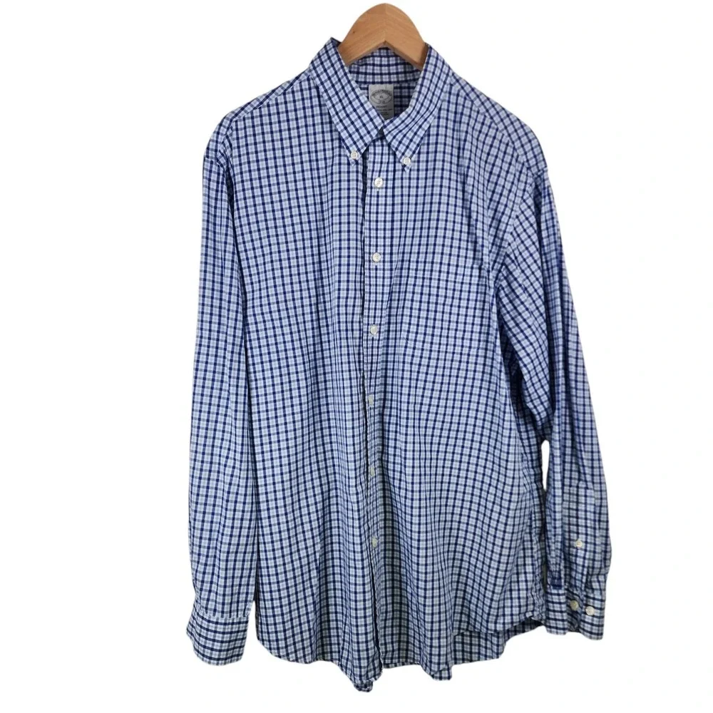 Brooks Brothers Button Down Shirt Mens XL Blue Gingham‎ Regent Polo Cotton